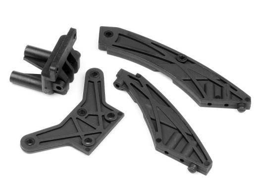 Black RC car suspension arms and mounts for model kit assembly
