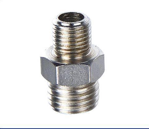 Stainless steel male-to-male pipe fitting with hex nut, for plumbing or model kit assembly