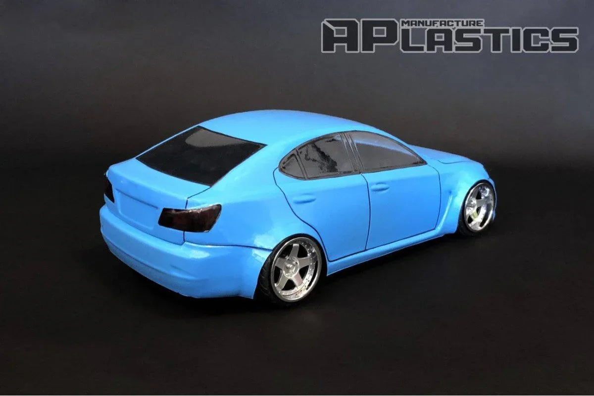 Blue custom model car with chrome wheels, AP Plastics body kit for hobbyists