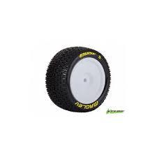 RC car tire with white rim and yellow lettering, ideal for model kits and hobby racing