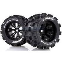 Black off-road RC car tires with rugged tread and alloy wheels for hobby use