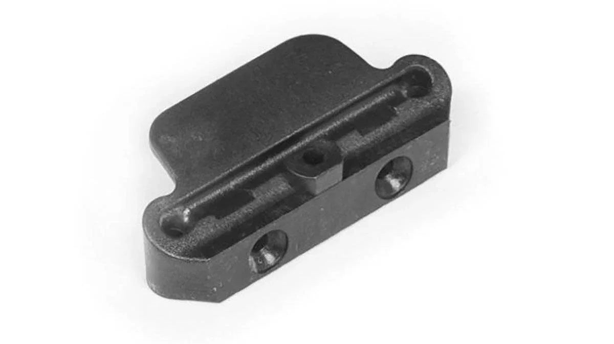 Black plastic model kit hinge part for scale models and hobby builds
