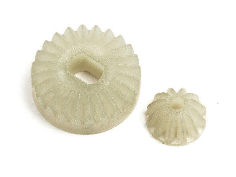 Two off-white plastic bevel gears for model kits and hobby projects, featuring detailed teeth and central holes.