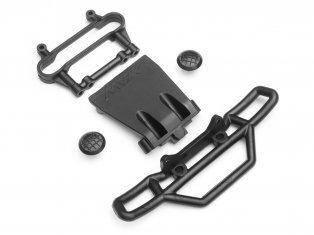 Black RC car chassis parts and hardware for model assembly