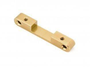 Gold-colored metal servo mount for RC models, precision-machined with mounting holes