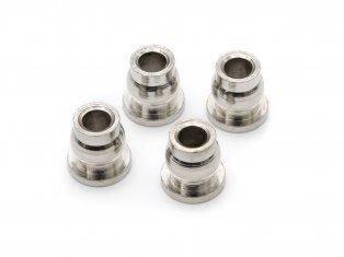 Four shiny metal bushings for RC car suspension, precision-engineered for smooth performance and durability.