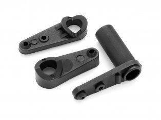 Black RC car servo arms and linkage parts for model assembly and repair