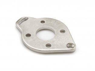 Metallic model kit part with circular cutout and mounting holes for hobby assembly