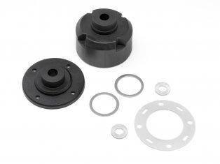 Black plastic model kit parts with gaskets and washers for hobby assembly