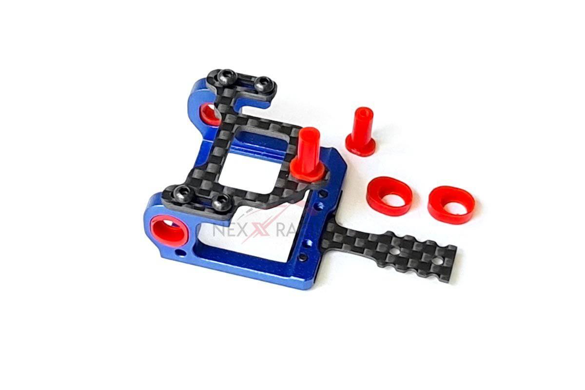 Blue and black carbon fiber RC drone frame with red mounting hardware