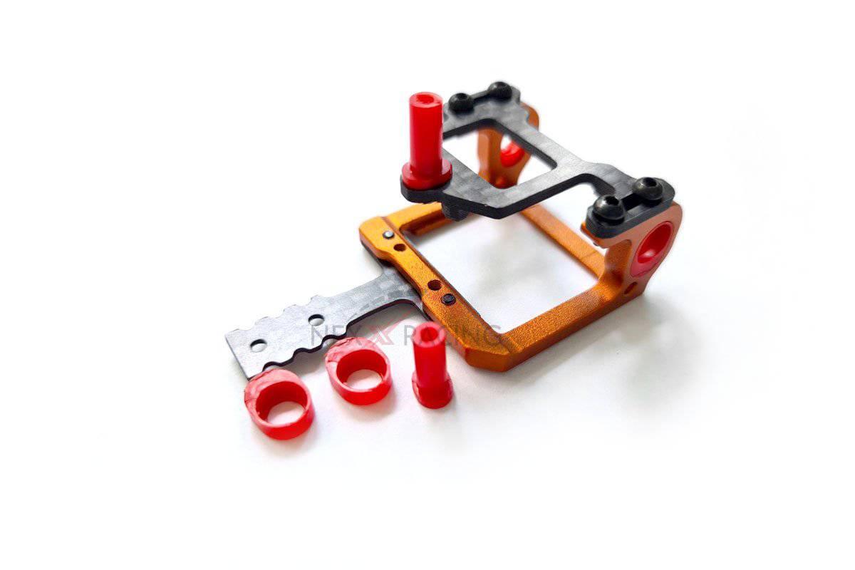 Orange and black drone frame with red mounting hardware for RC hobbyists