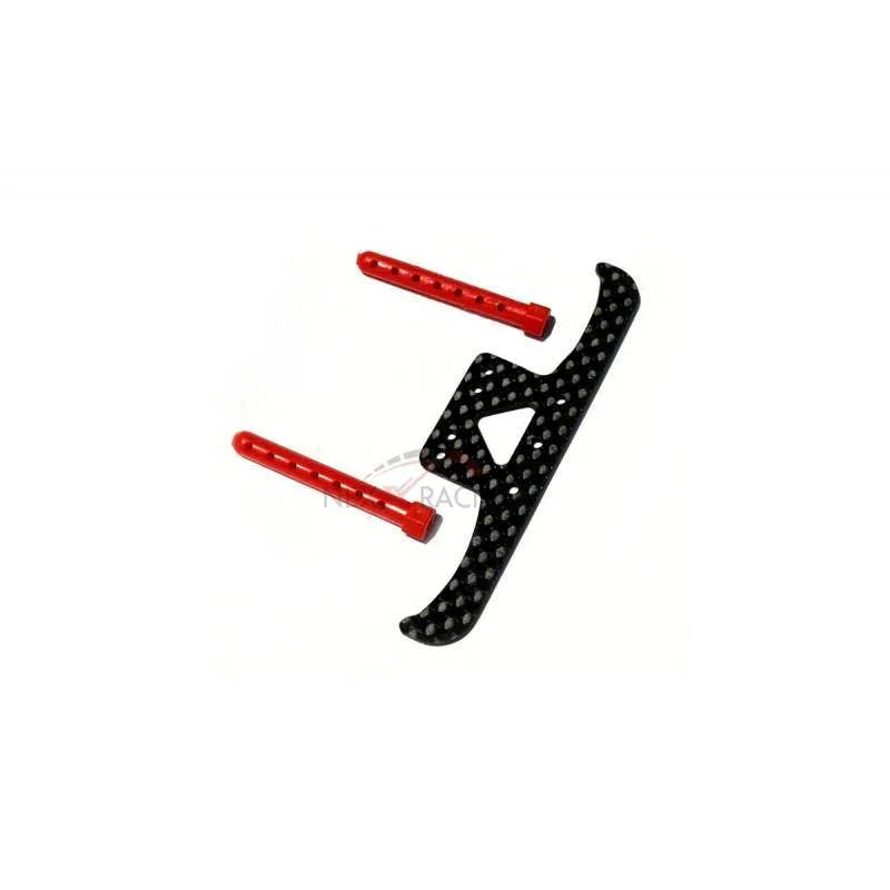 Carbon fiber RC car chassis with red mounting pins for model racing builds