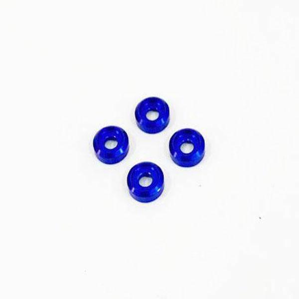 Four blue translucent model kit washers for RC cars or hobby builds