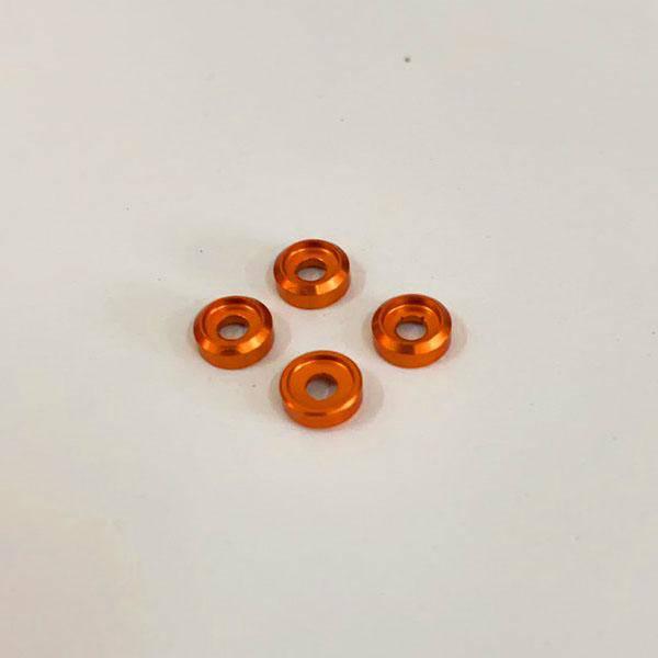 Four bright orange aluminum washers for RC car upgrades, model kits, and hobby builds