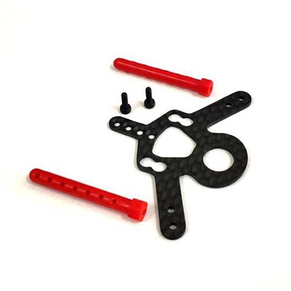 Carbon fiber RC drone frame with red plastic arms and black screws for hobbyists