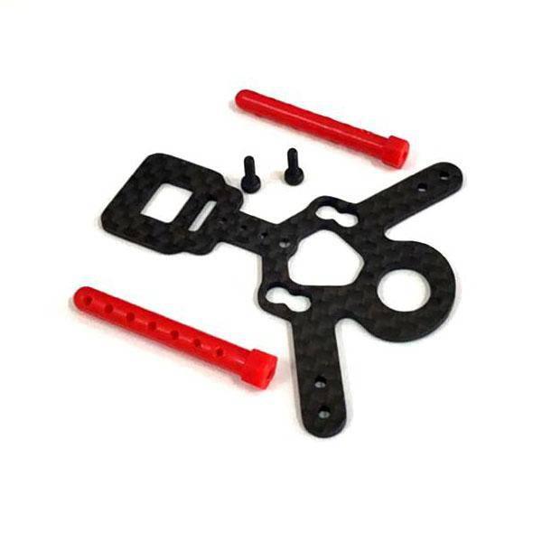 Carbon fiber drone frame with red arms and mounting hardware for RC model building