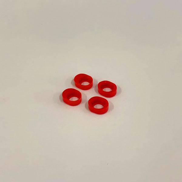 Four red plastic O-rings for model kits or hobby projects, ideal for collectors and builders.