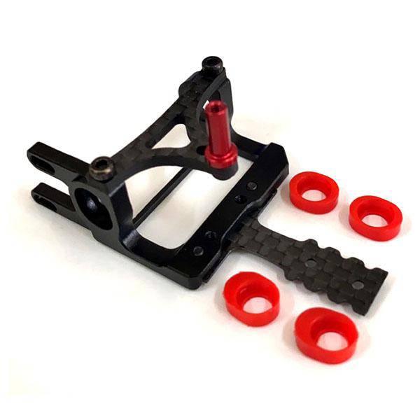 Carbon fiber RC car chassis with red shock mounts and bushings for model kits