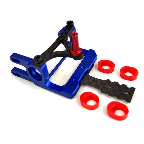 Blue and black RC car chassis with red shock absorbers and bushings, model kit upgrade part