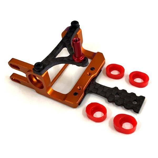 Orange and black RC car chassis with red shock mounts and bushings, model kit upgrade part