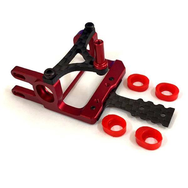 Red and black RC car chassis upgrade parts with carbon fiber accents and red bushings