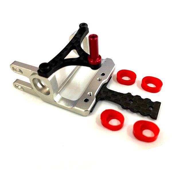RC car aluminum chassis with carbon fiber arms and red shock components for hobby racing models