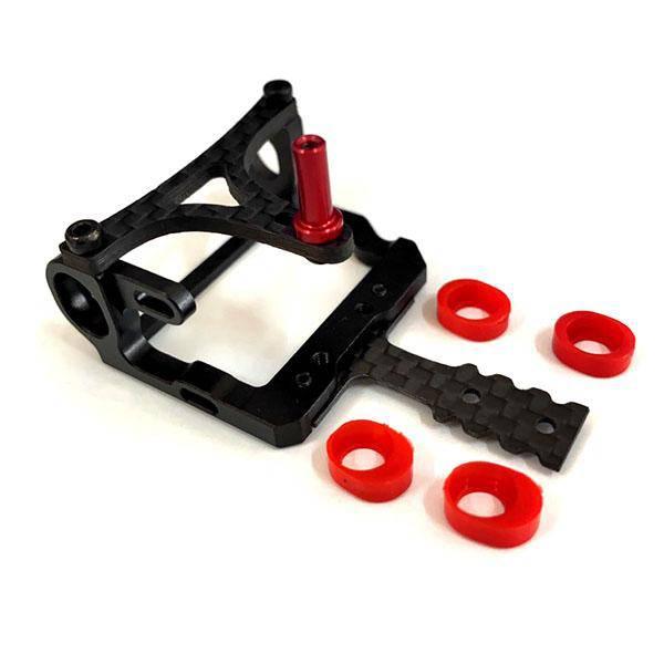 Black carbon fiber RC car chassis with red shock mounts and bushings for model kits