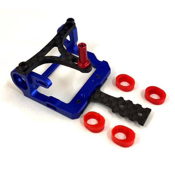 Blue and black RC car chassis with red shock mounts and bushings, model kit part for hobbyists