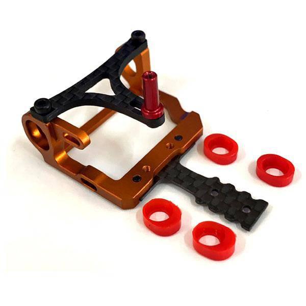 Orange and black RC car chassis with red bushings and carbon fiber parts