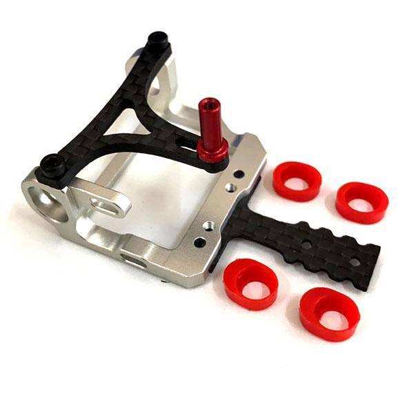 RC car chassis with carbon fiber and aluminum parts, red shock mounts and bushings for model kit assembly