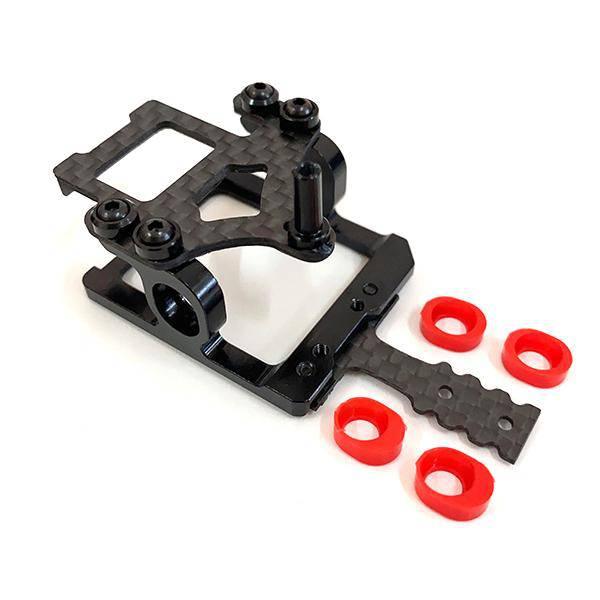 Carbon fiber RC car chassis kit with red shock mounts for hobby racing models