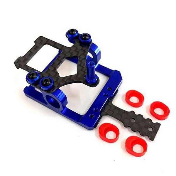 Blue aluminum and carbon fiber RC car chassis with red shock mounts for hobby racing models