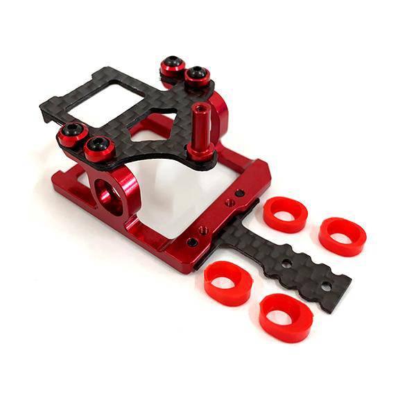Red and black carbon fiber RC car chassis with aluminum mounts and red spacers for hobby racing builds