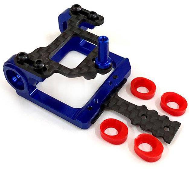 Blue and black RC car chassis with red bushings for model kits