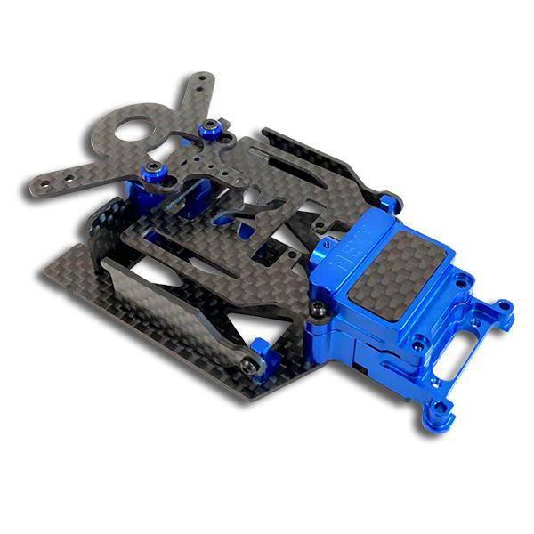 Blue and carbon fiber RC car chassis frame kit for hobbyists, featuring durable construction and precision engineering.