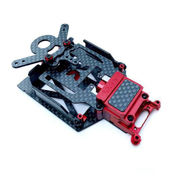 Red and black carbon fiber RC car chassis with aluminum parts for hobby racing models