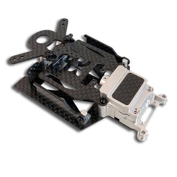 Carbon fiber RC car chassis with aluminum motor mount, precision-engineered for hobby racing models