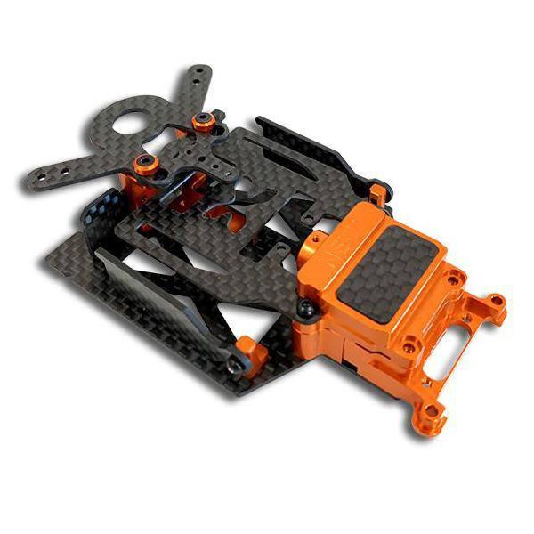 Carbon fiber RC car chassis with orange aluminum parts for hobby racing models