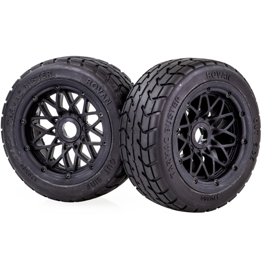Rovan 4.7/5.5 Baja 5B Front Tarmac Buster Tyres on Black Mesh Rims - Aussie Hobbies