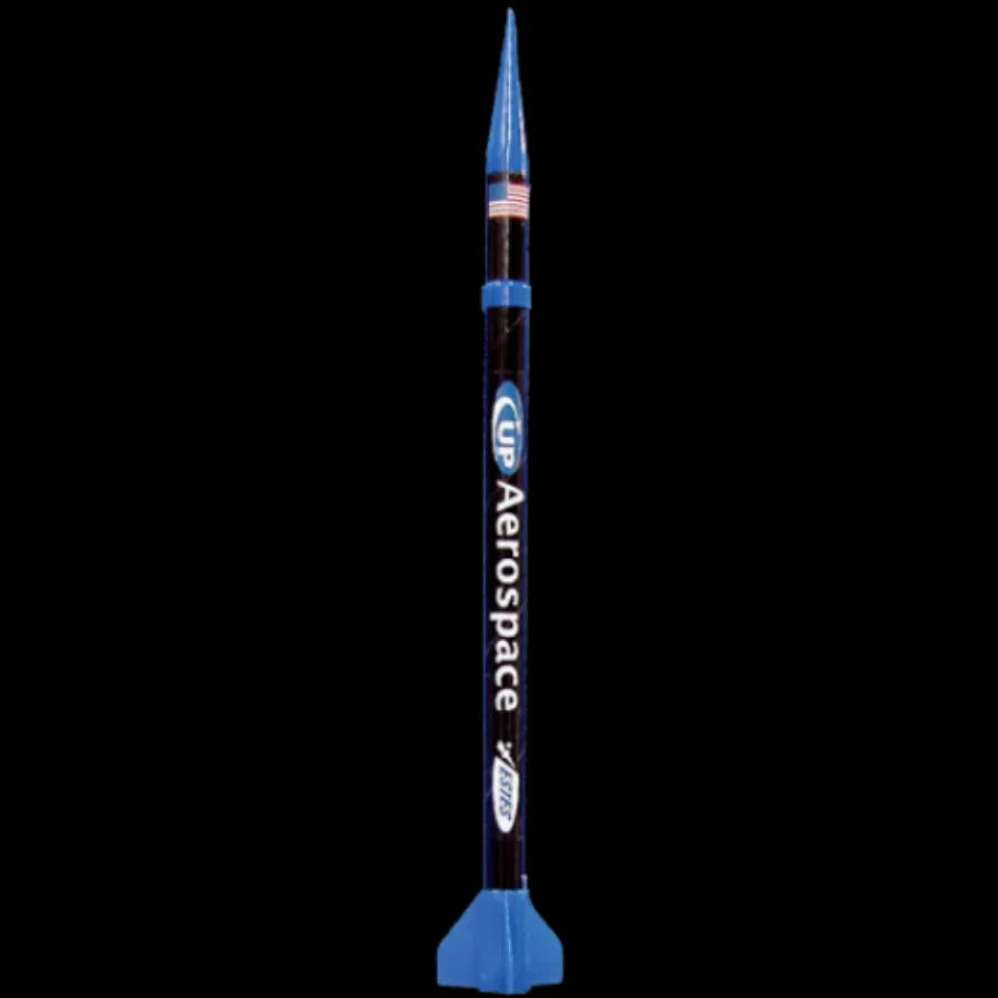Blue and black UP Aerospace model rocket with American flag design