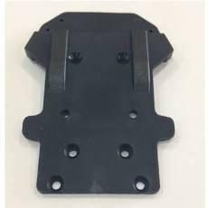 Black plastic model kit chassis with mounting holes for RC car assembly
