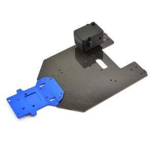Blue and black RC car chassis with carbon fiber texture, model kit part for hobbyists
