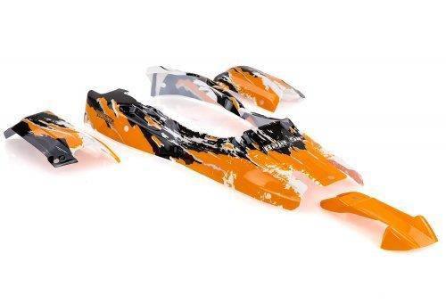 Orange and black RC car body kit parts for hobbyists, compatible with model kits and collectibles