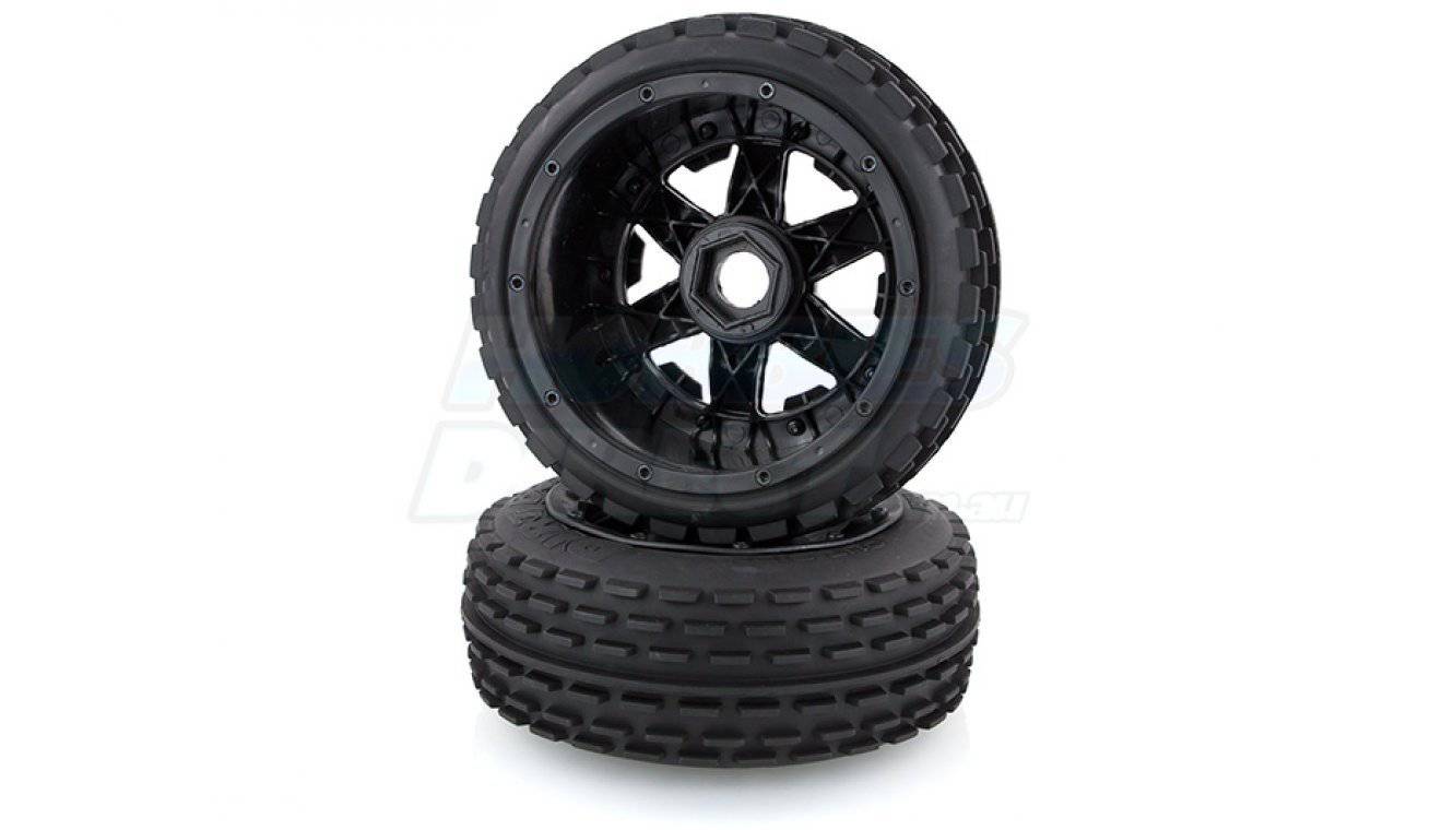 850222 | Rovan 4.7/5.5" Baja 5B Front Dirt Buster Tyres on Black Rims - Beadlocked Wheels 2Pcs - Aussie Hobbies
