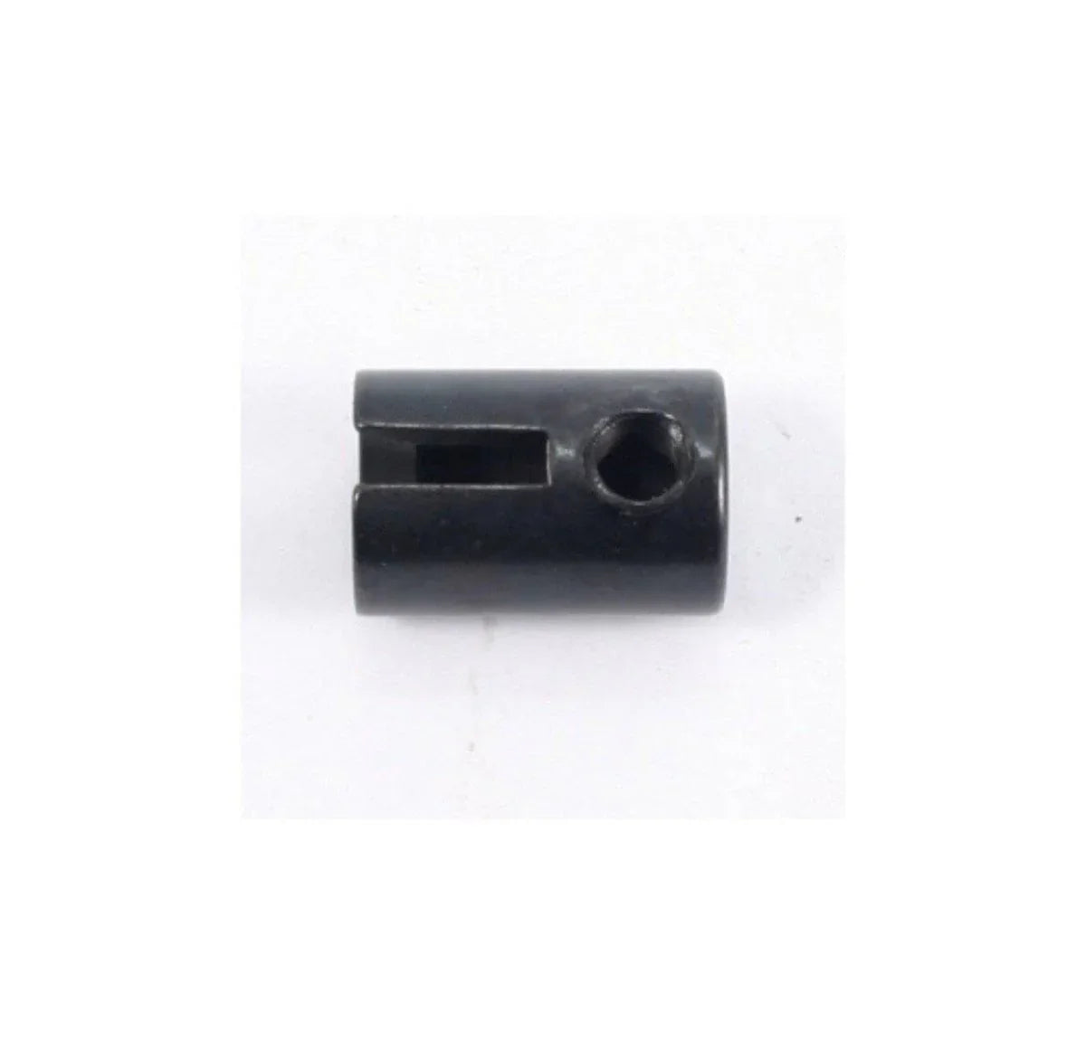 Black plastic model kit connector with slot and hole for hobby assembly