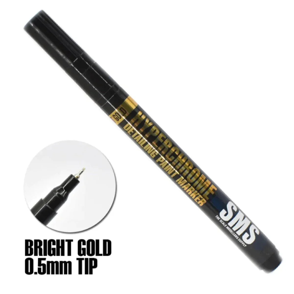 SMS HyperChrome Marker Bright Gold 0.5mm – fine metallic gold paint marker for detailing model kits, miniatures, and Gundam builds.