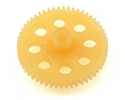 Yellow plastic gear with teeth and holes, ideal for model kits and hobby projects
