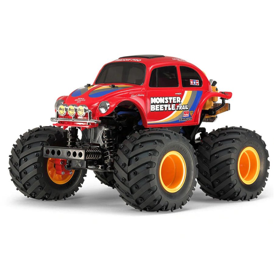 Tamiya 1/14 Monster Beetle Trail GF-01TR 4WD Off-Road Car Kit – red ABS body, yellow wheels, large off-road tyres, gear-driven 4WD chassis model kit.