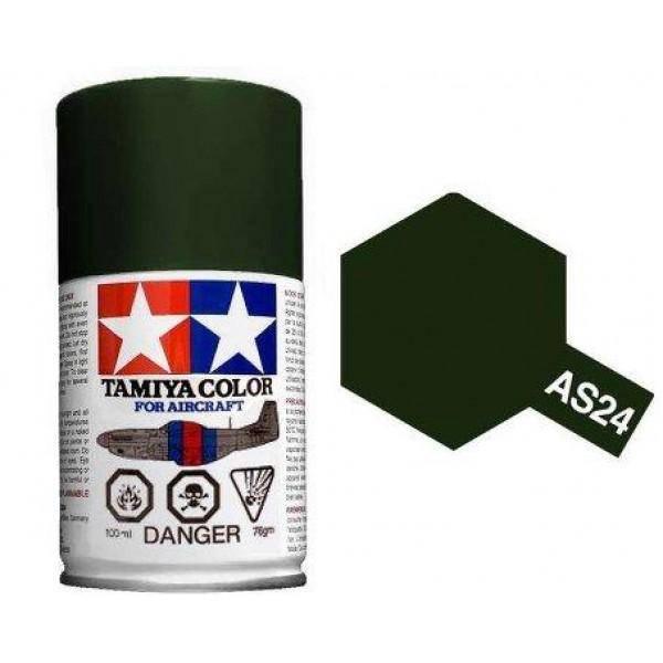 Tamiya Color AS24 olive green spray paint for aircraft models, 100ml can with hex swatch