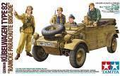 Tamiya 1/35 Kubelwagen Type 82 model kit with German WWII soldiers, detailed military vehicle for hobbyists